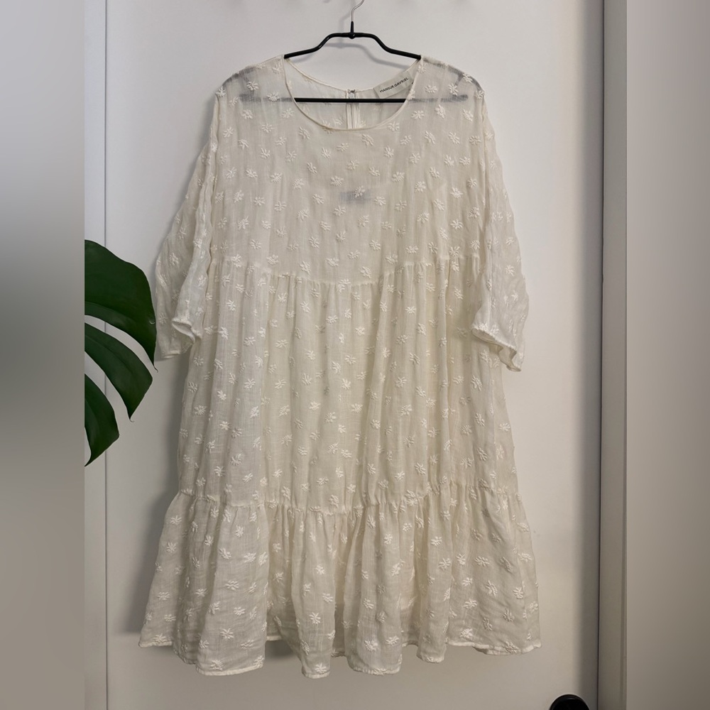 Mansur Gavriel Ivory Linen Blend Floral Embroidered Dress